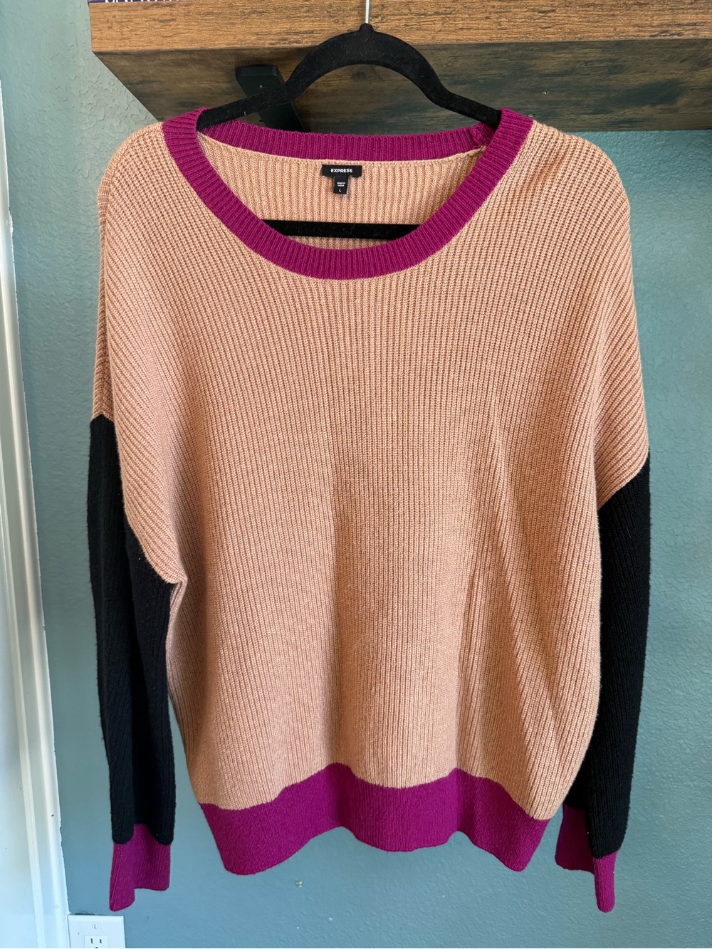Express Colorblock Rib Knit Sweater Blush Tan Black Berry Relaxed Size L